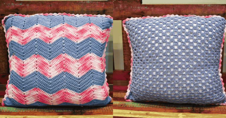 Faça a linda almofada azul e rosa em crochê: Passo a passo com gráficos