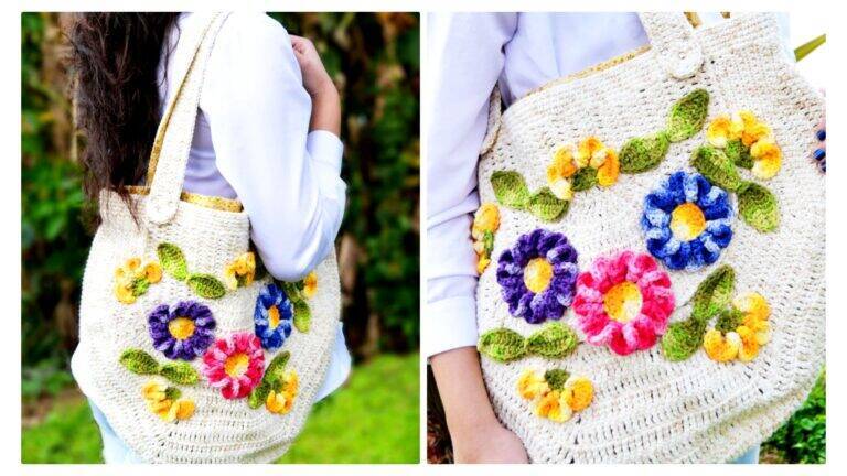 Bolsa de crochê com barbante e flores aplicadas