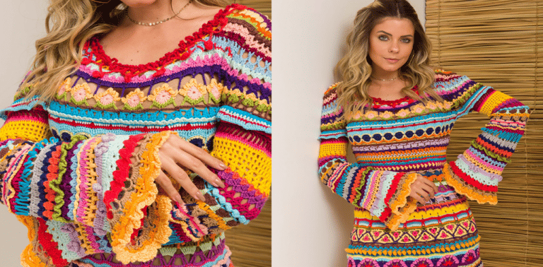 Vestido de crochê colorido: Receita e gráfico
