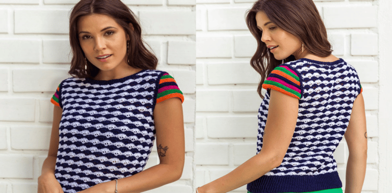 Aprenda aqui essa linda blusa de crochê manga colorida