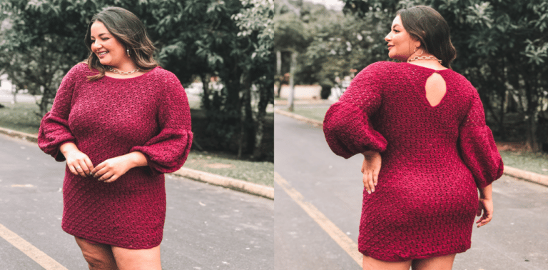 PLUS SIZE: Vestido de crochê manga bufante bordô maravilhoso!