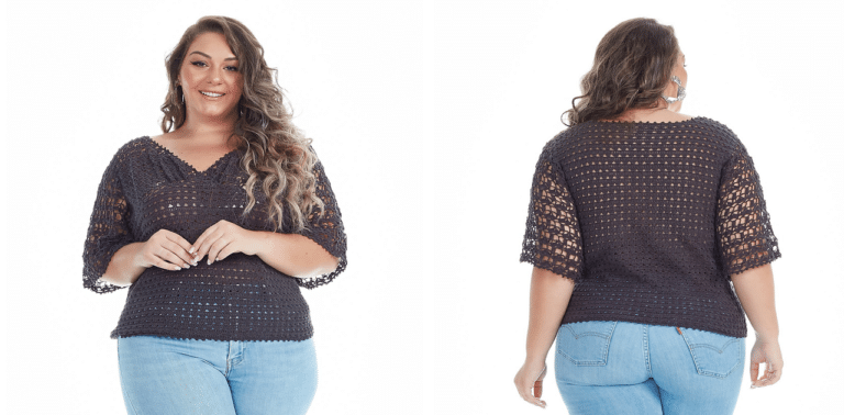 Aprenda essa belíssima blusa de crochê meia manga