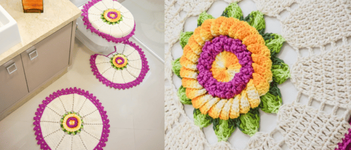 Faça o lindo Jogo de Banheiro Flor Central em Crochê: Passo a passo com gráficos