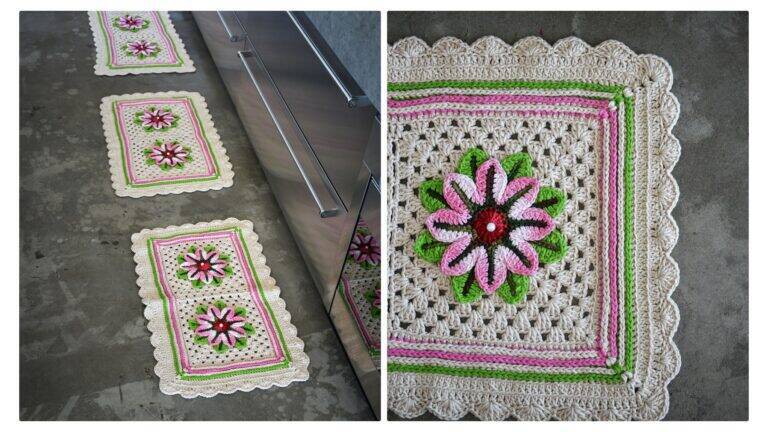 Lindo Jogo de Cozinha em Crochê Cru com Flores