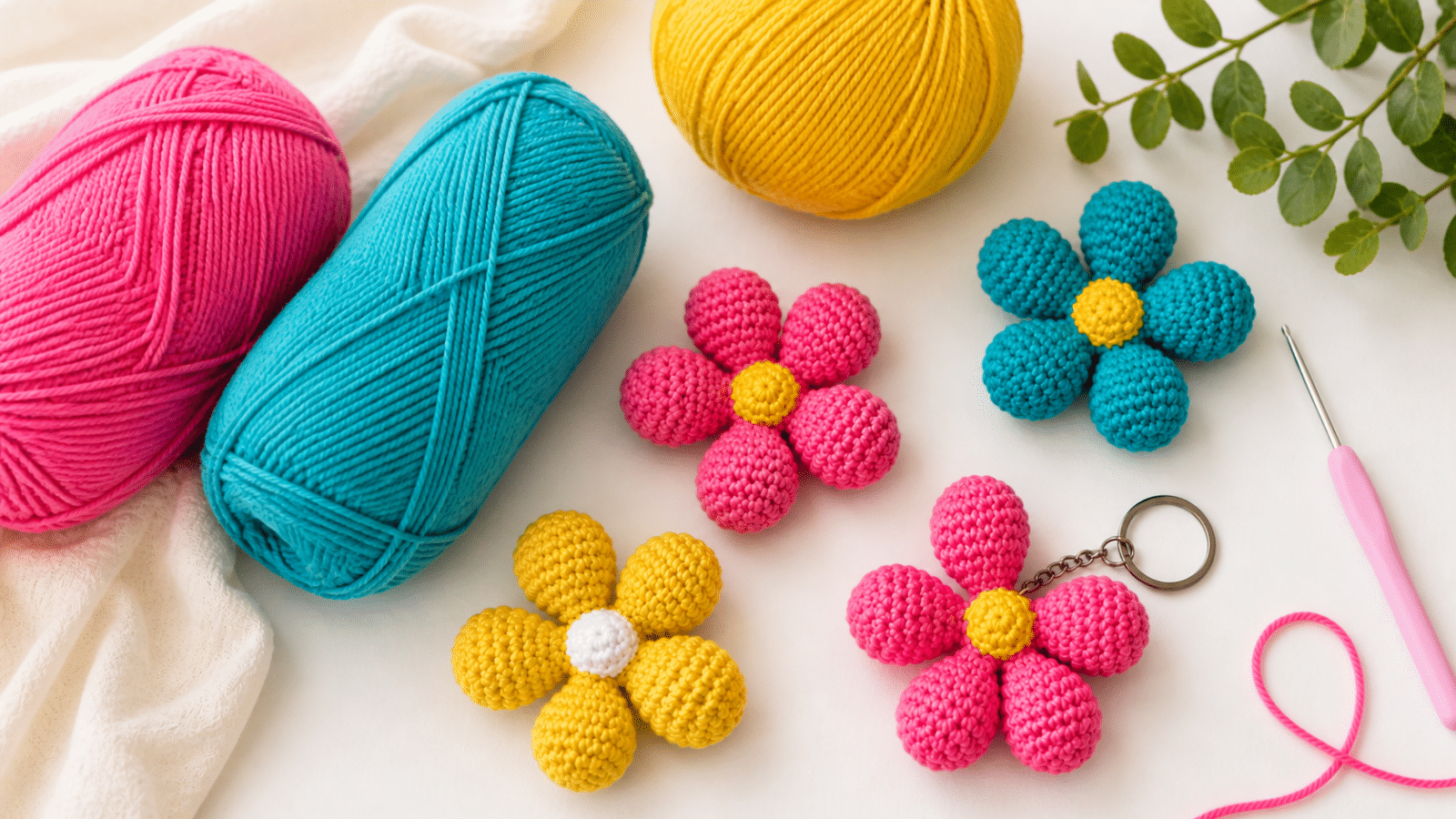 Presentes artesanais para o Dia das Mães com flores de crochê coloridas, novelos de lã e acessórios feitos à mão em estilo delicado e criativo