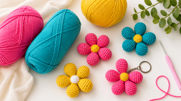 Presentes artesanais para o Dia das Mães com flores de crochê coloridas, novelos de lã e acessórios feitos à mão em estilo delicado e criativo