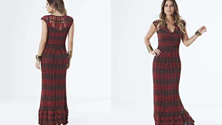 Vestido Longo de crochê Bordô: Receita e gráfico