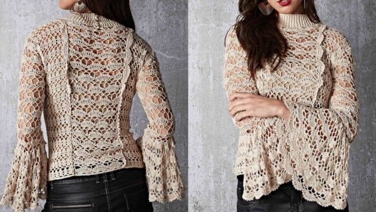 Aprenda a belíssima: Blusa de crochê Manga Flare