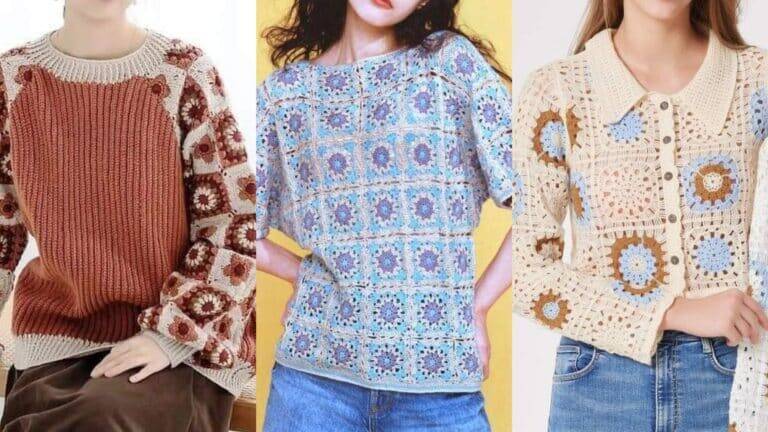 Blusas de Crochê com Motivos Quadrados com Gráficos Grátis