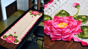 Trilho de Mesa em Crochê Brilho Ouro com Flor