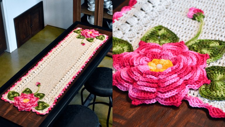 Trilho de Mesa em Crochê Brilho Ouro com Flor