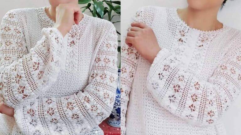 Blusa de Crochê Branca Delicada com Passo a Passo e Gráficos