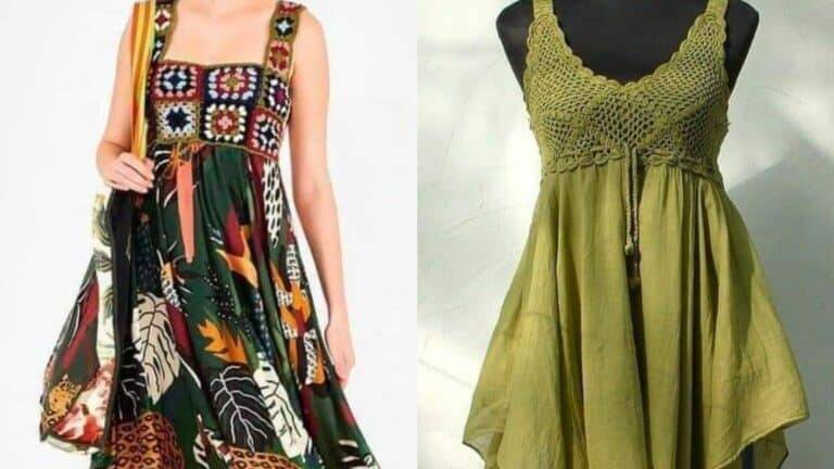 Vestidos de Crochê com Tecido: 28 Lindas Peças com Quadradinhos de Crochê Simples