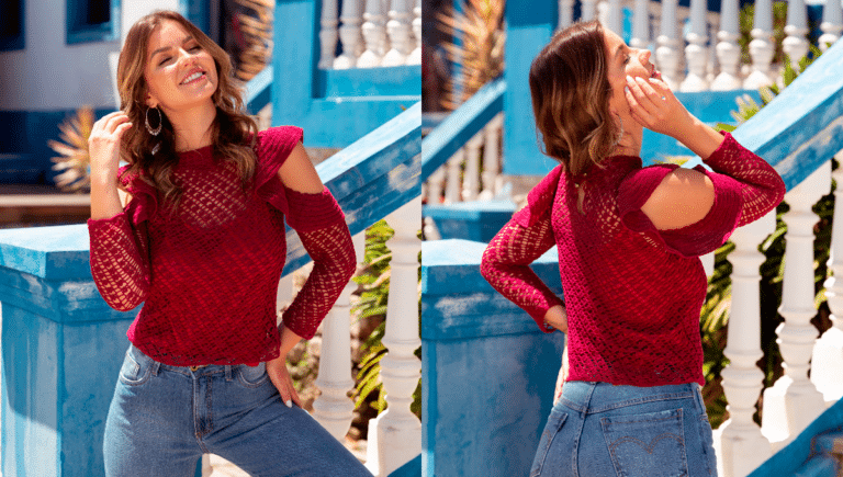 Blusa de Crochê Manga Longa Babado