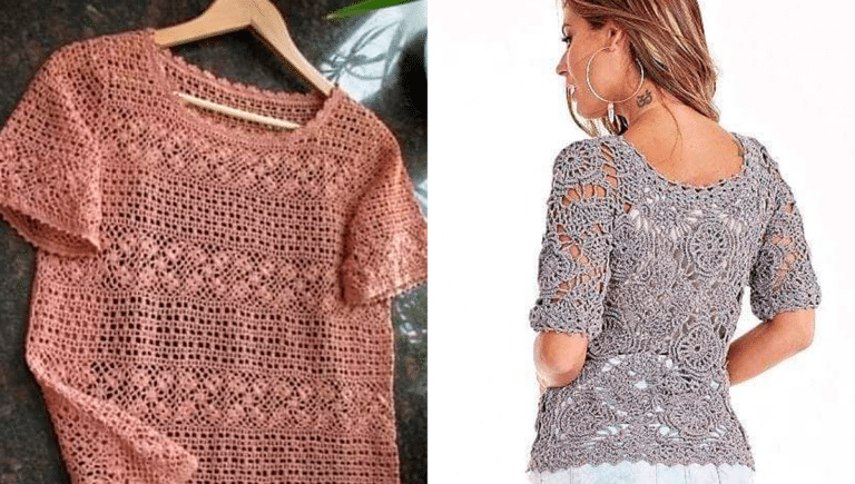 Blusas em Crochê com Manga Curta