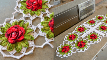 Trilho de Mesa em Crochê Rosas Vermelhas