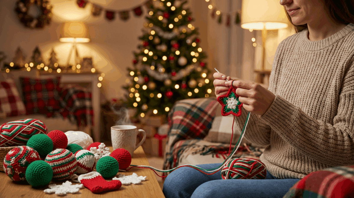 Mulher crochetando enfeites de Natal