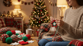Mulher crochetando enfeites de Natal