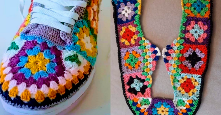 Customização de Tênis com Squares de Crochê