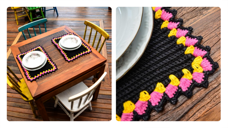 Receita Jogo Americano de Crochê Black com Detalhes Amarelo e Rosa: Elegância e Charme para sua Mesa