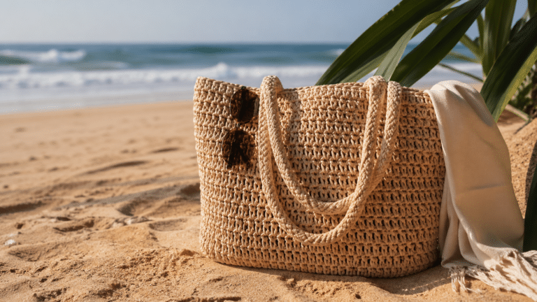 Bolsa de praia em crochê bege estilo natural posicionada na areia com mar ao fundo, com textura artesanal e acabamento moderno para o verão