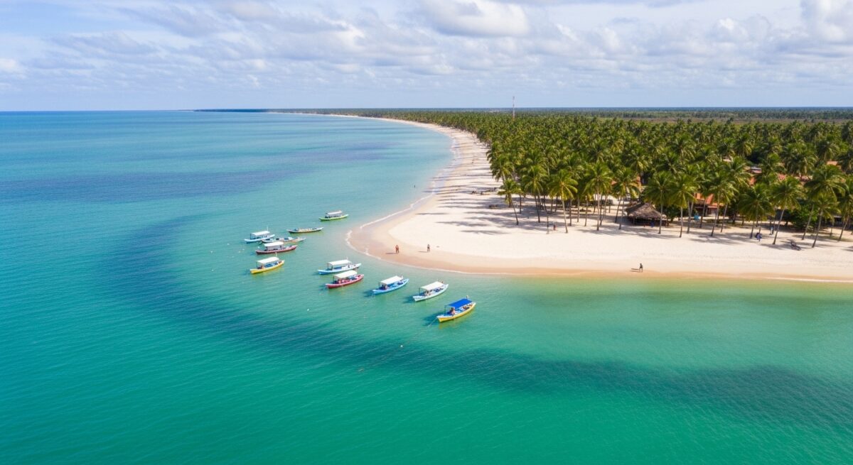 Vista aérea de Maceió com mar azul-turquesa, jangadas coloridas e coqueiros sob o sol do Nordeste.