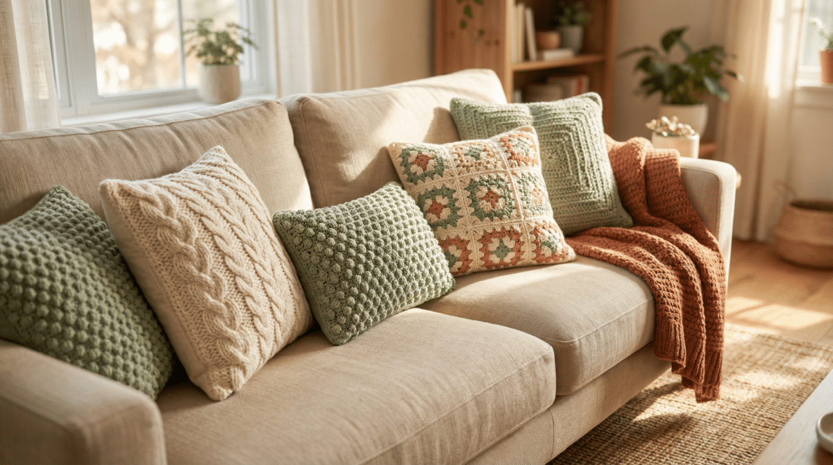 Sofá claro com almofadas de crochê/ tricô em tons neutros e verdes, e manta terracota, em sala iluminada e aconchegante.