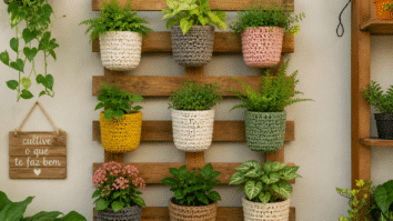 cachepôs de crochê em jardim vertical com plantas em pallet de madeira para decoração criativa no dia das mães