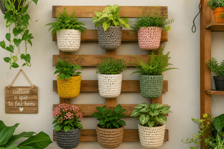 cachepôs de crochê em jardim vertical com plantas em pallet de madeira para decoração criativa no dia das mães