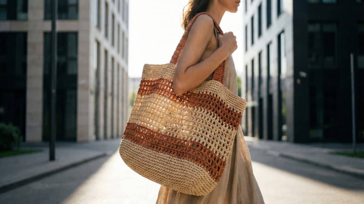 Mulher caminhando pela cidade com bolsa de crochê feita de fios naturais