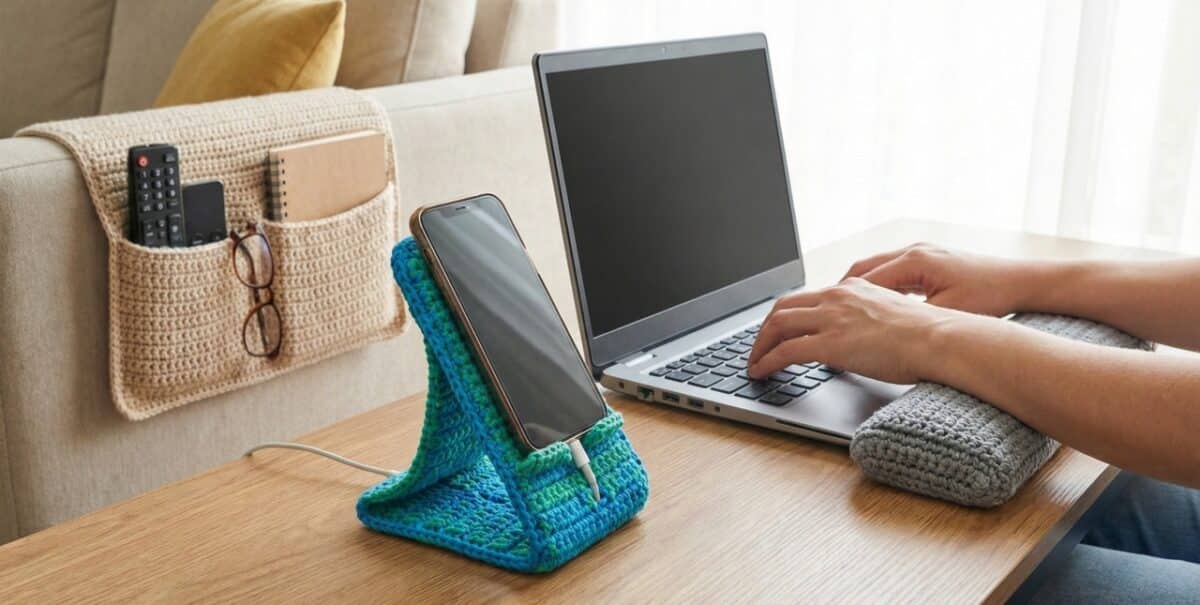 Itens úteis artesanais de crochê como capinhas de celular, apoio para controle remoto e suporte para notebook