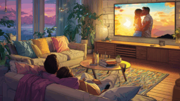 ilustração gerada por IA de um casal assistindo filme de romance na TV