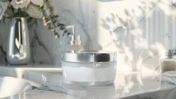 Pote de creme de cabelo em embalagem elegante sobre pia de banheiro sofisticado, simbolizando hidratação de salão em casa com produtos que transformam o tratamento capilar.