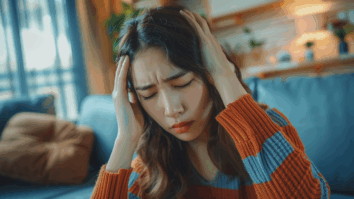 mulher com as mãos na cabeça pois está sentindo dor de cabeça (ou enxaqueca)