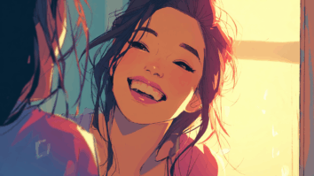 Ilustração vibrante de uma mulher sorrindo feliz enquanto se olha no espelho, transmitindo autoestima, confiança e bem-estar