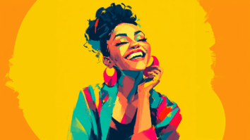 Ilustração gerada por IA de uma mulher bonita e feliz simbolizando uma mulher com autoestima elevada caminhando por uma cidade com prédios