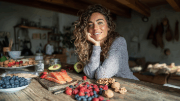 Imagem gerada por IA de mulher encostada numa mesa com alimentos que ajudam na renovação celular da pele e ajudam a pele se manter mais jovem