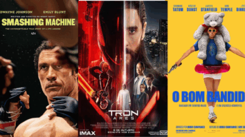 Filmes que estarão em cartaz nos cinemas no mês de outro. A esquerda Coração de Lutador , no centro "Tron: Ares" e na direita "O bom bandido"