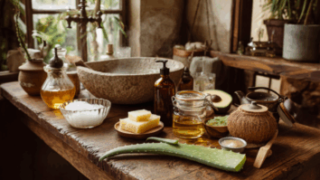 Ingredientes naturais dispostos em mesa rústica de madeira dentro de um banheiro aconchegante, incluindo babosa fresca, óleo em garrafas de vidro, mel, abacate cortado, sabonetes artesanais, coco e sal, com plantas ao fundo e luz suave entrando pela janela.