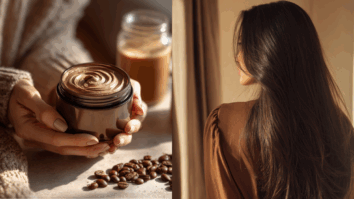 Uma mulher com um pote de creme com café nas mãos e ao lado uma mulher com cabelos lisos compridos e brilhantes