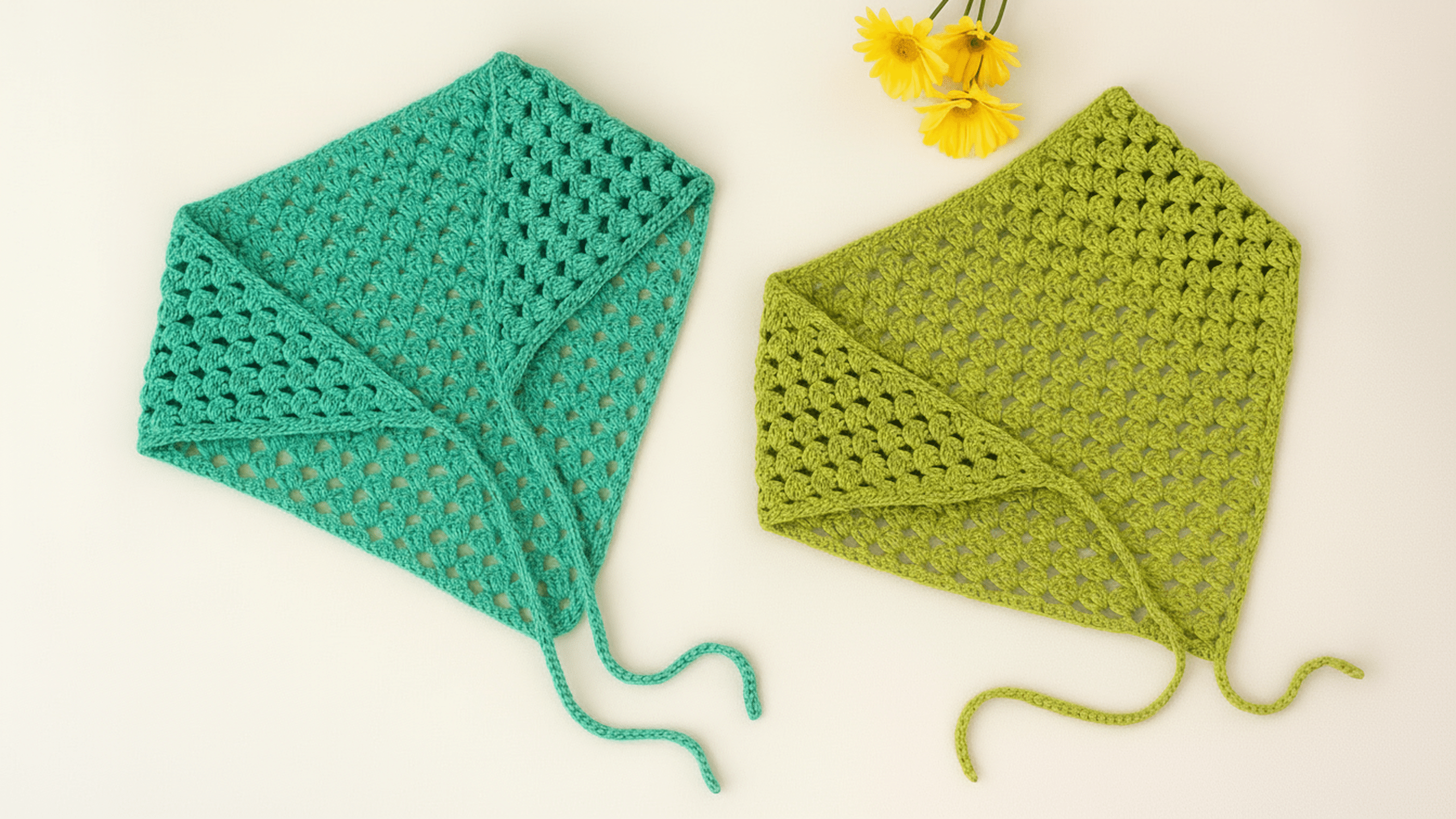 Lenço de crochê artesanal triangular em verde e verde-água, feito à mão com pontos leque, cordões de amarrar e textura realista — tendência de crochê do verão.