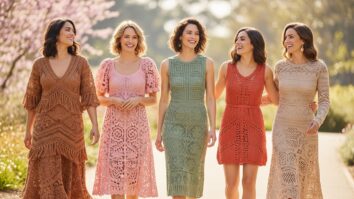 Mulheres sorrindo ao ar livre usando vestidos de crochê modernos e elegantes, em diferentes cores e estilos, representando moda artesanal e autêntica.