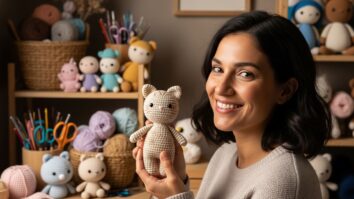 Mulher sorridente segurando um amigurumi artesanal em um ambiente iluminado e acolhedor, representando a arte japonesa feita à mão.