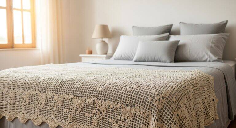 Peseira de crochê de luxo feita à mão com fios nobres em tom neutro sobre cama elegante, em quarto acolhedor e sofisticado com luz natural suave.