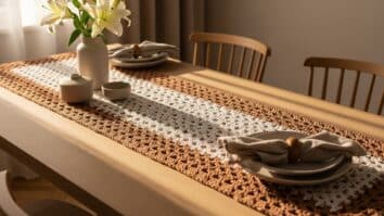 Caminho de mesa de crochê artesanal em tons neutros sobre mesa de madeira, com decoração elegante e luz natural suave.