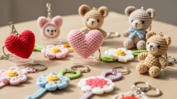 Chaveiros de crochê artesanais coloridos sobre mesa de madeira, com modelos em formato de coração, flor e amigurumi, representando criatividade e delicadeza.