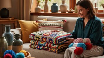Mulher sorridente observando manta de crochê colorida feita com squares, em ambiente iluminado e acolhedor.