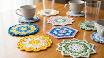 Porta-copos de crochê coloridos sobre mesa de madeira clara com xícaras elegantes, representando beleza artesanal e charme moderno na decoração.
