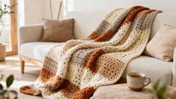 Manta de crochê artesanal feita à mão com fios de algodão em tons quentes, sobre sofá neutro com almofadas e xícara de café, transmitindo aconchego e estilo.