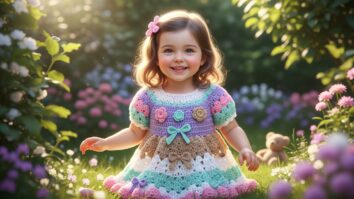 Menina sorridente usando vestido de crochê infantil colorido e delicado, representando ternura, conforto e o charme artesanal do crochê moderno.